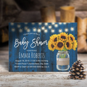Rustic Solros Mason Burk Blue Wood Baby Shower Inbjudningar