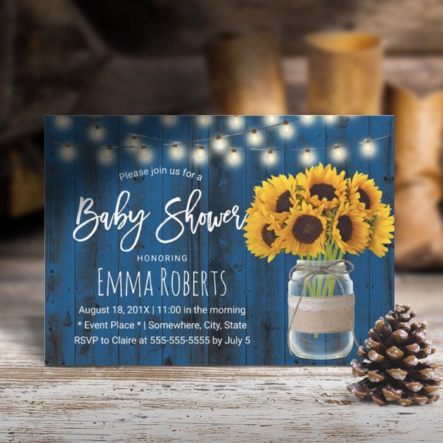 Rustic Solros Mason Burk Blue Wood Baby Shower Inbjudningar (Skapare uppladdad)