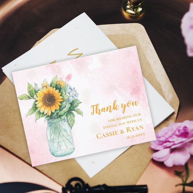 Rustic Solros Mason Burk Bröllop Tack Vykort (Rustic Sunflower Mason Jar Wedding Thank You Postcard)