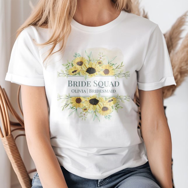 Rustic Solros Möhippa Squad T Shirt (A young blond woman wearing a Rustic Sunflower Bridal Squad T-Shirt.)
