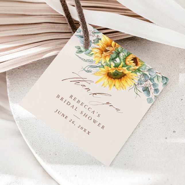 Rustic Solros Möhippa Tack Gåvor Etiketter (Sunflower Eucalyptus Rustic Floral Bridal Shower Thank You Favor Tag.)