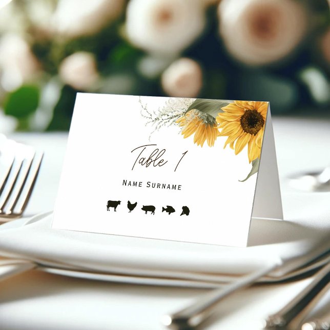Rustic Solros, Montera kort med måltider (Sunflower tented place cards with meal options.)