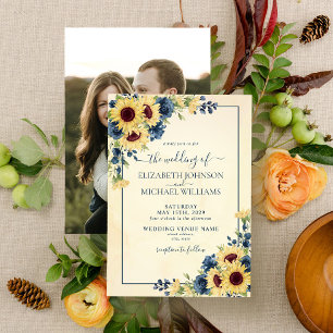 Rustic Solros Navy Blue Blommigt Photo Bröllop Inbjudningar