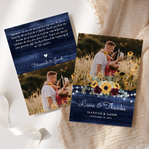 Rustic Solros Navy Blue Bröllop Tack Kort