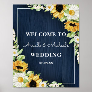 Rustic Solros Navy Blue Wood Background Bröllop Poster