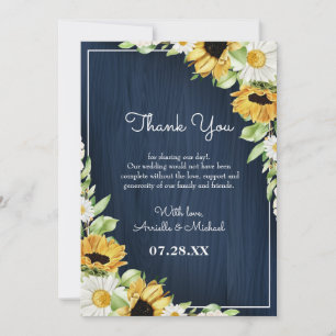 Rustic Solros Navy Blue Wood Background Bröllop Tack Kort