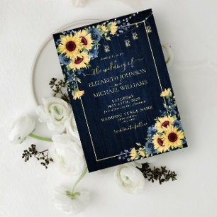 Rustic Solros Navy Blue Wood Blommigt Bröllop Inbjudningar