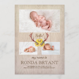 Rustic Solros och Antlers Wood Baby Photo Birth Meddelande
