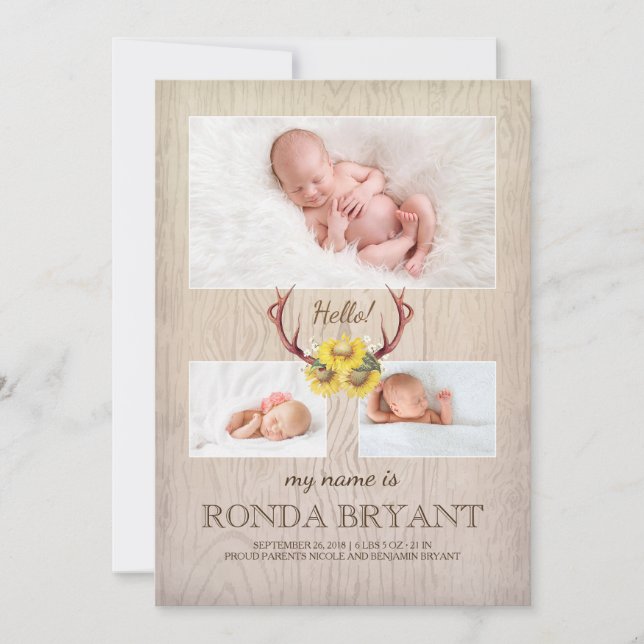 Rustic Solros och Antlers Wood Baby Photo Birth Meddelande (Framsida)