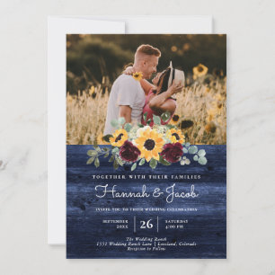 Rustic Solros Photo Navy Blue Wood Bröllop Inbjudningar