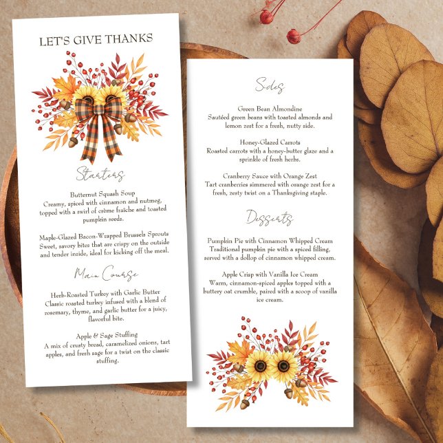 Rustic Solros & Play Thanksgiving Meny (Rustic Sunflower & Plaid Thanksgiving Menu)