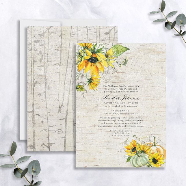 Rustic Solros Pumpkin Watercolor Bireral Funeral Inbjudningar (Skapare uppladdad)
