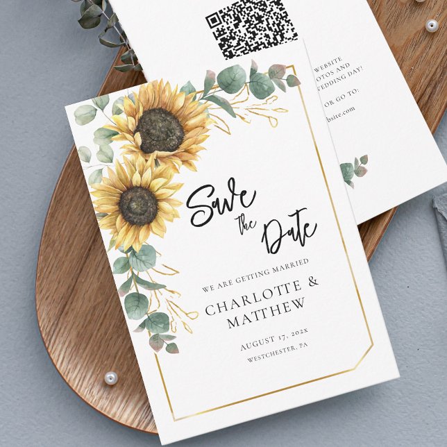 Rustic Solros QR-koden Bröllop spara datum (Save the Date Wedding Sunflower Floral Eucalyptus Greenery Script Announcement)