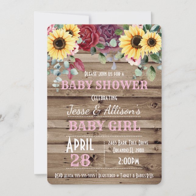 Rustic Solros/ Ro Blommigt Baby Shower Inbjudningar (Framsida)