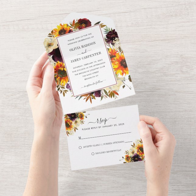 Rustic Solros Ro Burgundy Fall Blommigt Bröllop (Tearaway)