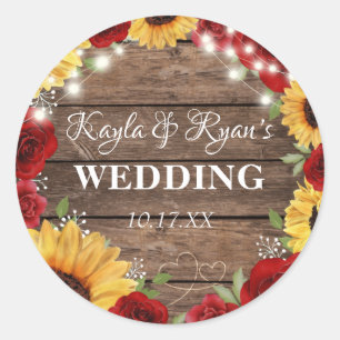 Rustic Solros Ro Wood Background Bröllop Runt Klistermärke