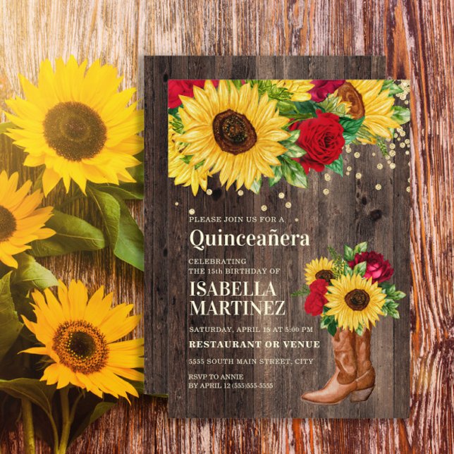 Rustic Solros Röd ros Boots Quinceañera Inbjudningar (Sunflowers, red roses, and cowgirl boots on rustic wood Quinceanera invitation)