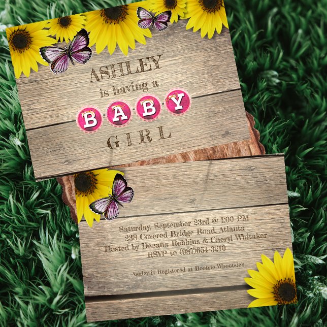 Rustic Solros Rosa Butterfly Baby Shower | Flickor Inbjudningar (Skapare uppladdad)