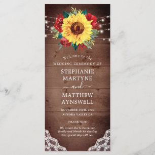 Rustic Solros Snöre Röd ros Fall Wedding Program