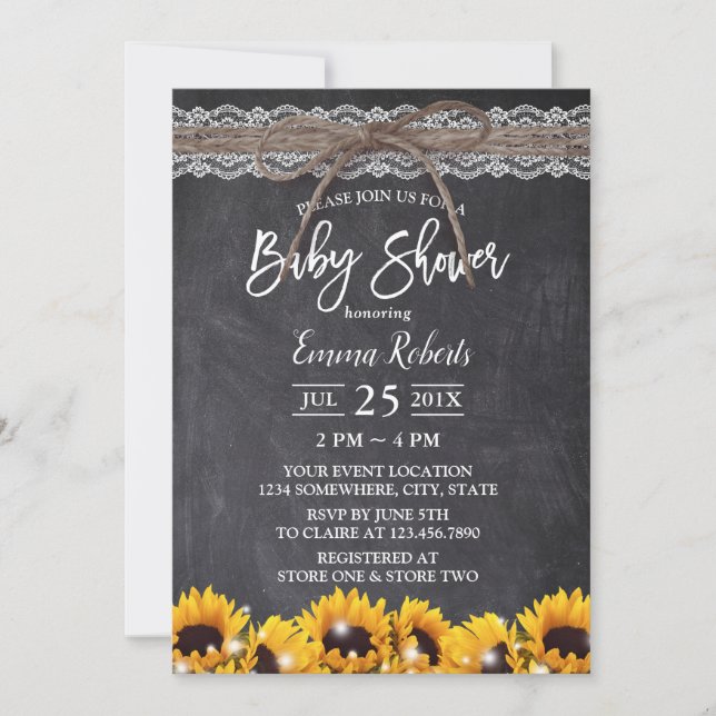 Rustic Solros Snöre Twine Chalkboard Baby Shower Inbjudningar (Framsida)
