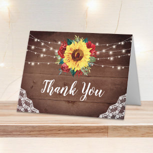 Rustic Solros Snöre Wood Red Blommigt Bröllop Tack Kort