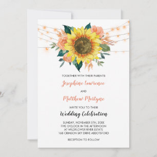 Rustic Solros String Light Peach Blommigt Bröllop Inbjudningar