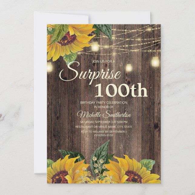 Rustic Solros String Light Surprise 100:e Inbjudningar (Framsida)