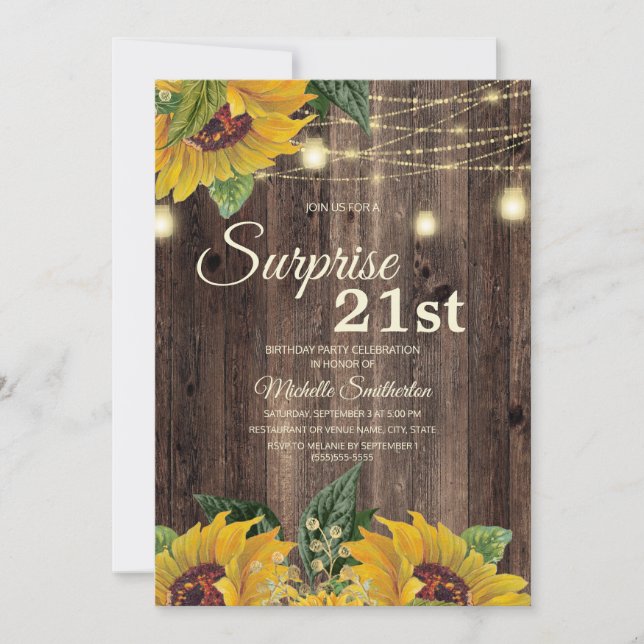Rustic Solros String Light Surprise 21st Inbjudningar (Framsida)