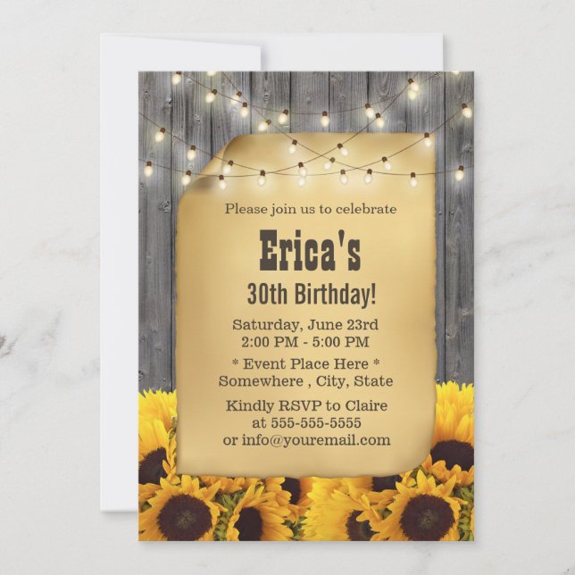 Rustic Solros String Ljus Barn Wood Birthday Inbjudningar (Framsida)