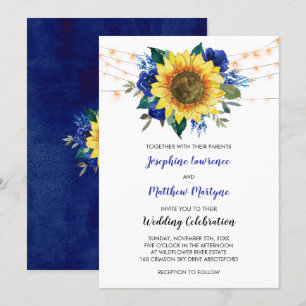 Rustic Solros String Ljus Blue Blommigt Bröllop Inbjudningar
