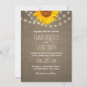 Rustic Solros & String Ljus Burlap Bröllop Inbjudningar