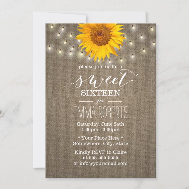 Rustic Solros & String Ljus Burlap Sweet 16 Inbjudningar (Framsida)