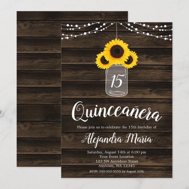 Rustic Solros String Ljus Quinceanera Inbjudan (Fram/baksida)