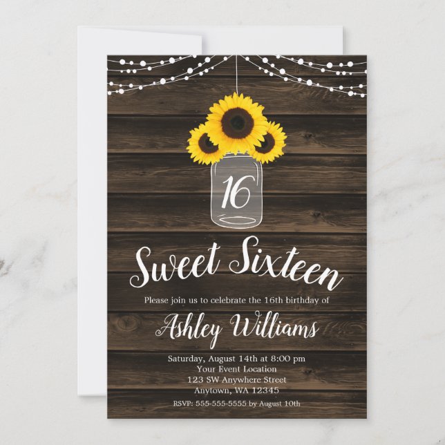 Rustic Solros String Ljus Sweet 16 Inbjudan (Framsida)