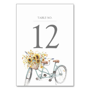 Rustic Solros Tandem Bicycle Watercolor Bröllop Bordsnummer