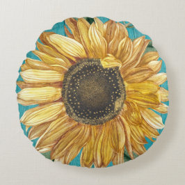 Rustic Solros Teal Blue Barn Wood Cottagecore Rund Kudde