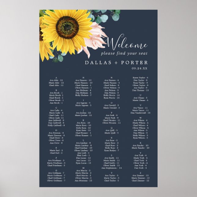 Rustic Solros | Tunga alfabetiska sittningsdiagram Poster (Framsidan)