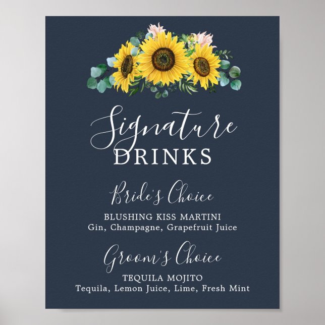 Rustic Solros | Tunga Namnteckning Drinks-tecken Poster (Framsidan)