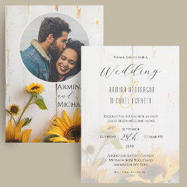 Rustic Solros White Barn Wood Photo Bröllop Inbjudningar