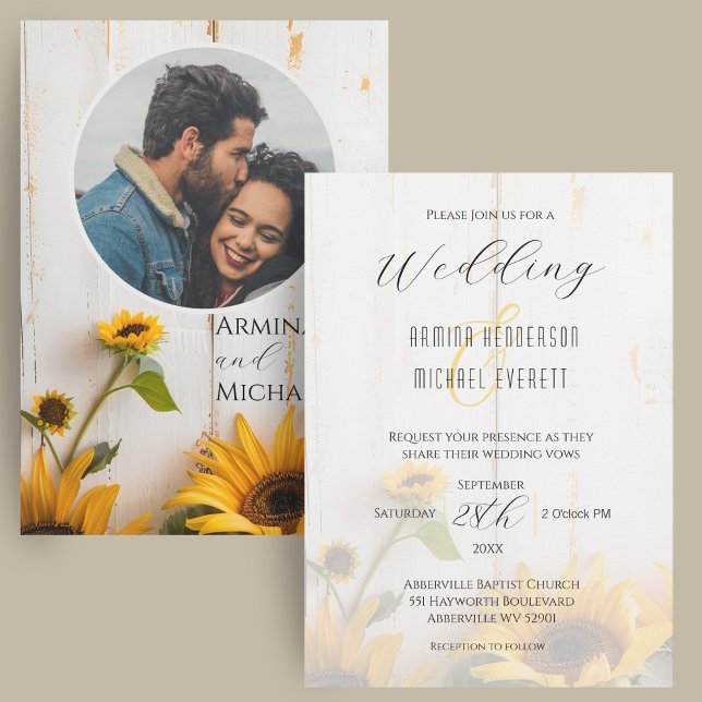 Rustic Solros White Barn Wood Photo Bröllop Inbjudningar (A rustic white barn wood wedding invitation with sunflowers, elegant script fonts, and a photo.)