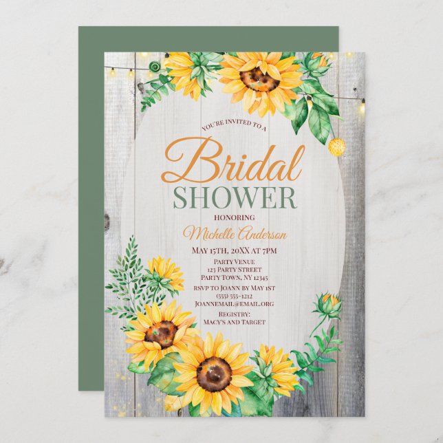 Rustic Solros Wood and Ljus Möhippa Inbjudningar (Fram/baksida)