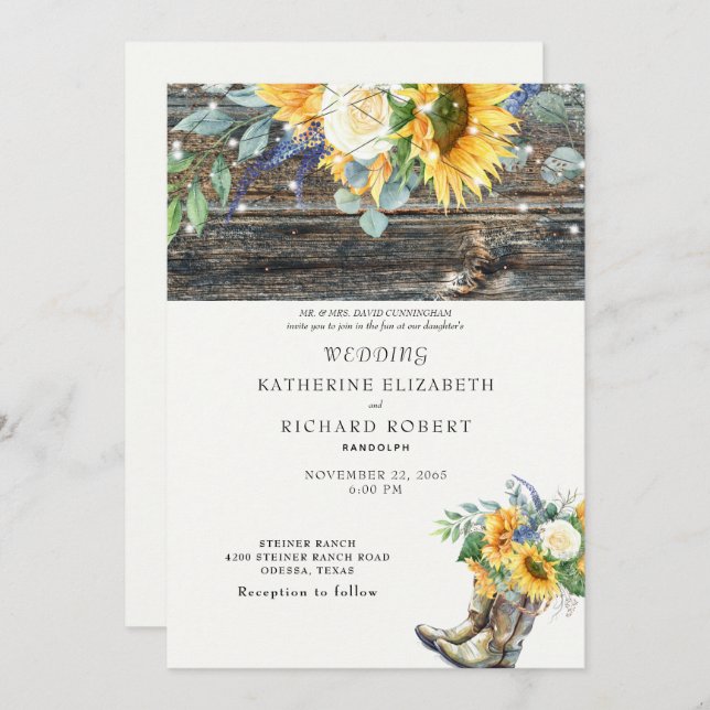 Rustic Solros Wood Boots & Ljus Inbjudningar (Fram/baksida)