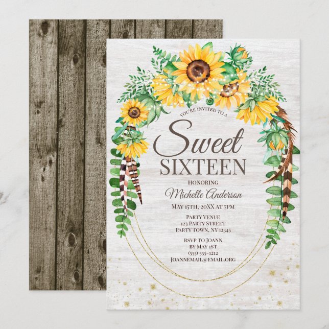 Rustic Solros Wood Ljus Sweet sixteen Inbjudningar (Fram/baksida)