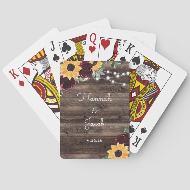 Rustic Solros Wood Wedding Favor Casinokort (Baksidan)