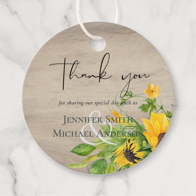 Rustic Solros Woodland Bröllop Tack Gåvor Etiketter (Framsida)