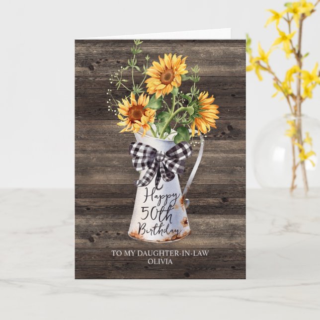 Rustic Solrosdotter i lag 50:e födelsedagen Kort (Gul blomma)