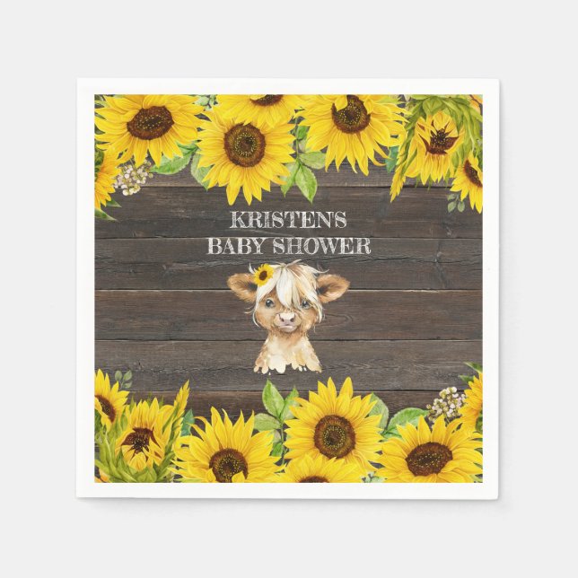 Rustic Solrosols Highland Cow Baby Shower Pappersservett (Framsidan)