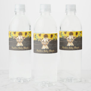 Rustic Solrosols Highland Cow Baby Shower Vattenflaskor Etikett