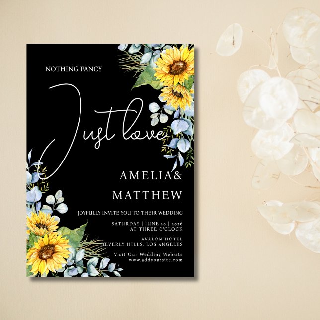 Rustic Solrosskript Just Kärlek Black Bröllop Inbjudningar (Rustic Sunflower Script Just Love Black Wedding Invitation)