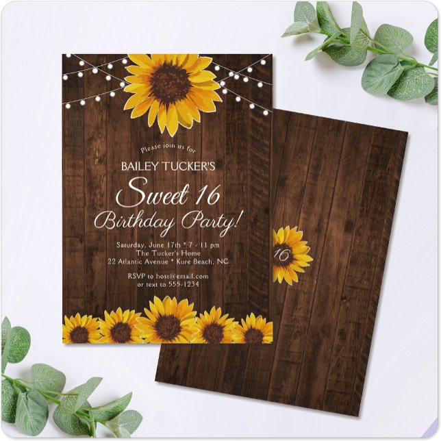 Rustic Solrosvep 16 Birthday String Ljus Inbjudningar (Skapare uppladdad)